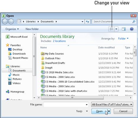El cuadro de diálogo Abrir como aparece cuando se ejecuta Excel 2010 en Windows 7.