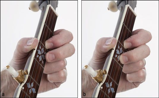 La posición de (a), el rozamiento & # 8208-dedos de la mano antes de jugar martillo & # 8208 de mano y con trastes (b)