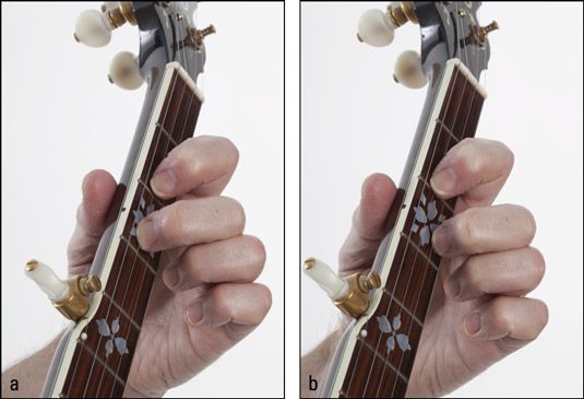 Reproducción de un tercio & # tirón 8208-string & # 8208-off: (a) colocar el rozamiento & # 8208 de mano dedos y (b