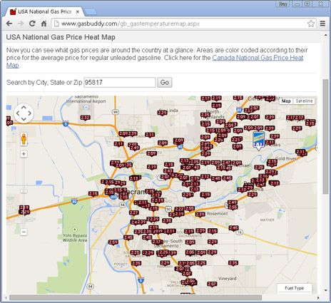 gasbuddy.com utiliza AJAX para mostrar los precios del gas en un mapa.