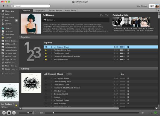 Un perfil de artista's Overview tab includes a biography, related artists, top tracks, and a dis
