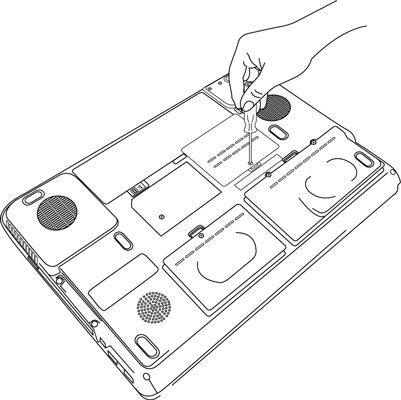 La ilustración de arriba muestra la técnica adecuada para la eliminación de la cubierta de la ranura del módulo de memoria en la