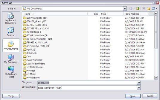 El cuadro de diálogo Guardar como y como aparece cuando se ejecuta Excel 2007 en Windows XP.