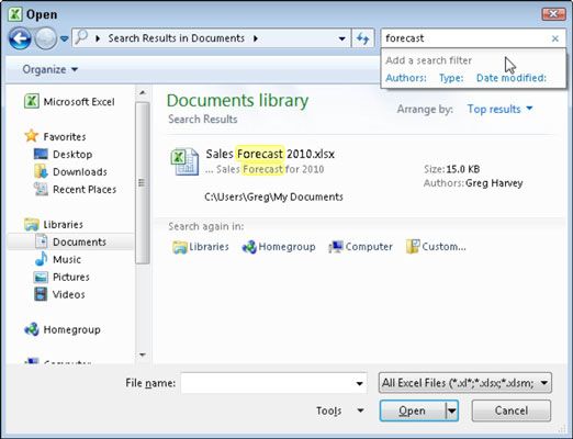 Utilice el cuadro de texto de búsqueda de Documentos en el cuadro de diálogo Abrir para buscar rápidamente cualquier libro de Excel o
