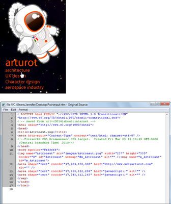 El mapa de imagen final, tal como se ve en un navegador web (arriba) y el código HTML creado para la ma imagen