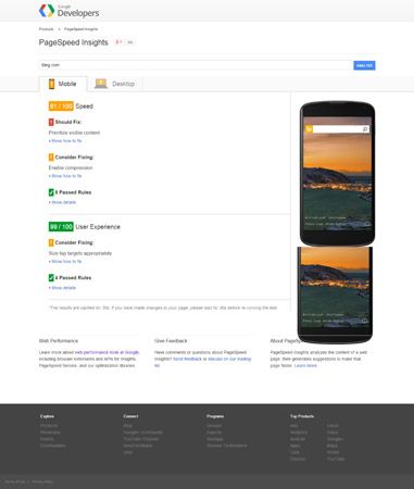 Los tipos de herramientas de Google PageSpeed ​​Insights Bing.com 81 en una escala de velocidad de 100 puntos.