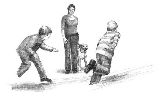 Configuraciones Escenario para frenar su cachorro's impulse to chase. [Credit: Illustration by Barbara Frake]
