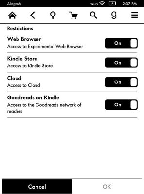 Figura 1: Establecer los controles parentales para el navegador web, Kindle Store, la nube, y Goodreads.