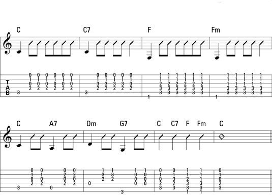 Un modelo simple pick-rasgueo. Esta notación se mezcla notas individuales y barras de ritmo.