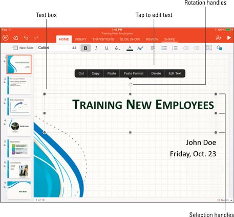 ���� - Cómo utilizar texto y cuadros de texto en PowerPoint en un iPad