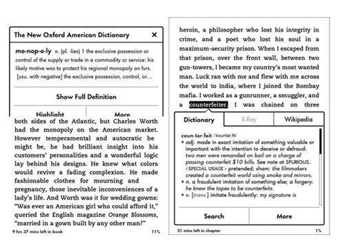 Pantalla Definición del diccionario de la primera generación de Kindle Paperwhite está a la izquierda; el segundo-