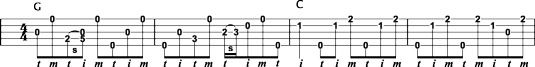 J. D. Crowe's backup licks using forward rolls for G and C chords.