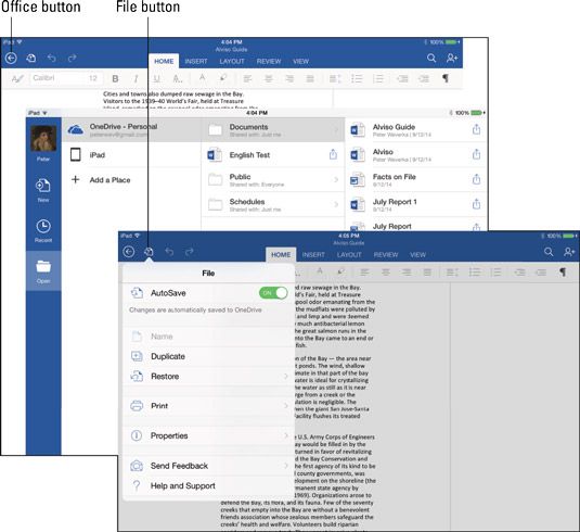 Abra la ventana de Office (izquierda) o el menú File (derecha) para manejar archivos.