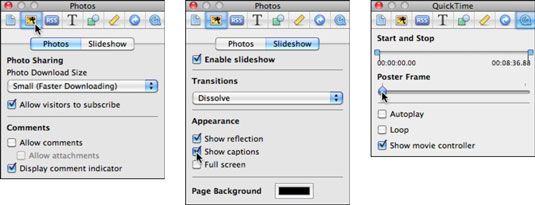 Cambiar la configuración de un álbum de fotos (izquierda), presentación de diapositivas (centro), y el vídeo (a la derecha).