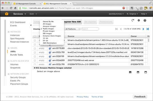 El panel de la máquina Imagen Amazon EC2.