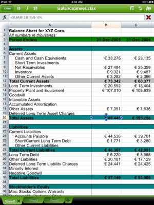 Edición de una hoja de cálculo de Microsoft Excel en Quicksheets.
