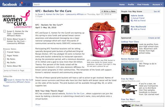 Kentucky Fried Chicken recaudó más de $ 4 millones para Komen for the Cure con sus Cubos para la Cura. Pero ma