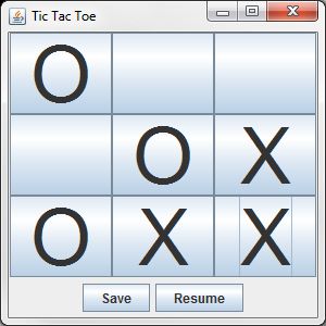 El juego Tic-Tac-Toe con Save y Reanudar botones.