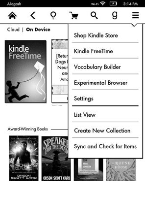 Kindle tiempo libre se presenta como una opción de menú.