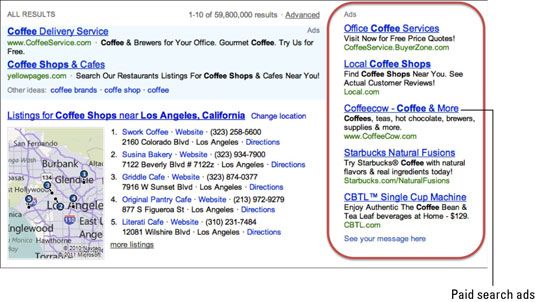 Resultados de búsqueda de pago para las tiendas de café en motores de búsqueda, Bing.