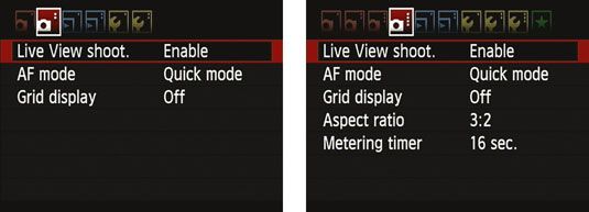 Habilitar en vivo ya sea Vista sobre el disparo Menú 2 (izquierda) o 4 (derecha), en función del modo de exposición.