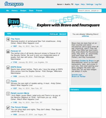 La página de Bravo en foursquare muestra cómo una marca puede utilizar los servicios basados ​​en la localización.