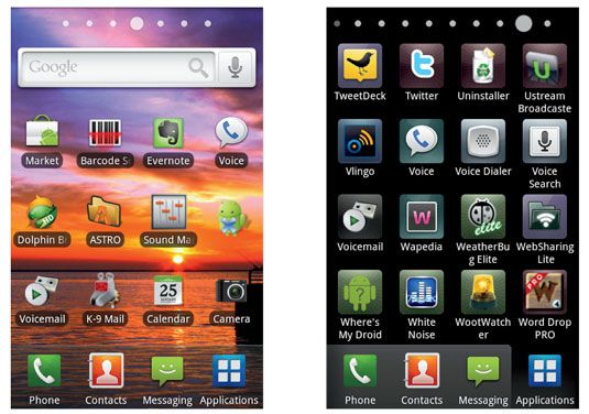 El teléfono Samsung Epic 4G Android's home page (left) and one of the app pages (right).