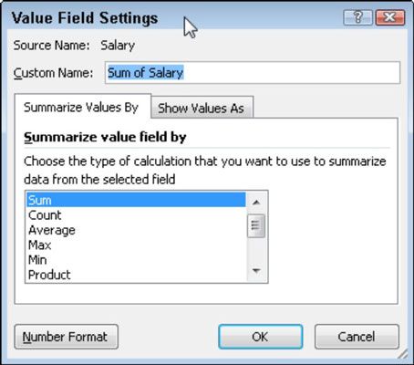 Seleccione una nueva función de resumen en el cuadro de diálogo Configuración de campo Valor.