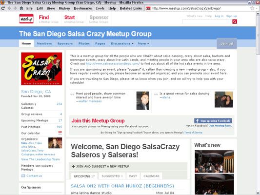 Una búsqueda Meetup para grupos de baile de salsa cerca de San Diego produce varios resultados, incluyendo éste.