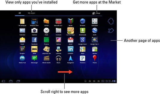 ���� - Vista general del menú de aplicaciones en la pantalla principal de Samsung galaxy tab