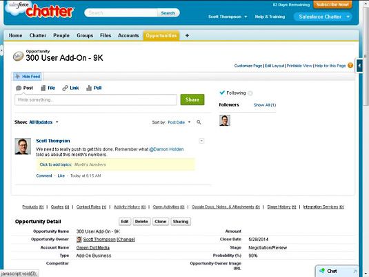 Chatter ofrece sociales comentando registros en CRM de Salesforce.com.
