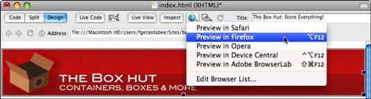 La Vista previa / Depurar en el botón Browser le permite seleccionar entre los navegadores instalados en su sistema.