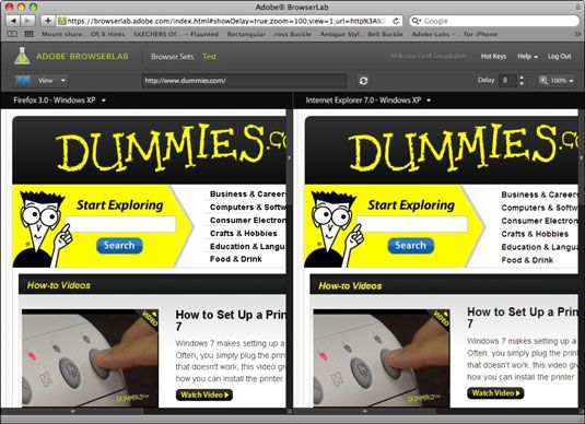 El sitio Dummies.com muestra en BrowserLab tal y como aparecerá en Firefox para Windows XP (izquierda) y Int