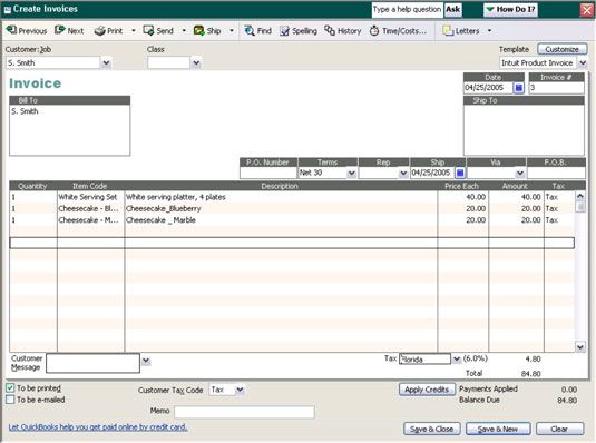 QuickBooks factura de venta para las compras realizadas en el crédito de la tienda.