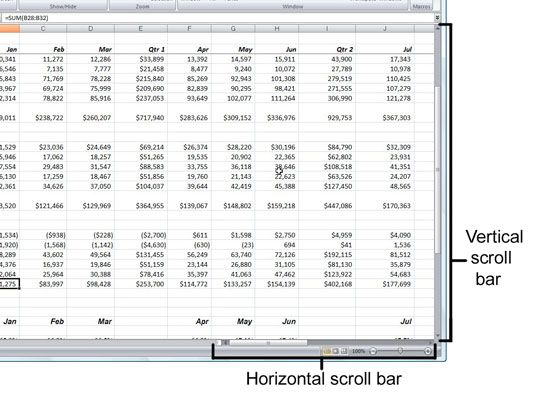 Utilice las barras de desplazamiento para navegar a partes invisibles de una hoja de cálculo de Excel 2007.