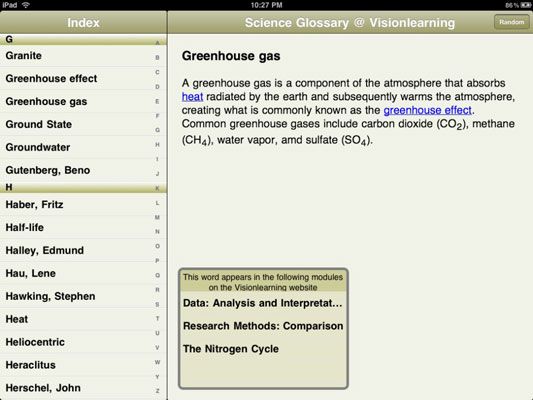 ���� - Las palabras Buscar la ciencia con la aplicación de la ciencia para el ipad glosario