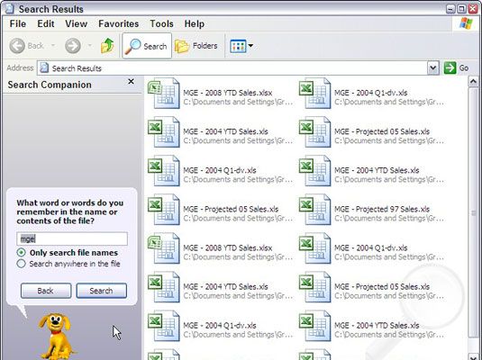 Utilice el cuadro de diálogo Resultados de la búsqueda de Windows XP para buscar un libro de Excel que faltan.