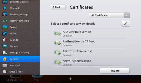 ���� - Los certificados de seguridad para su BlackBerry PlayBook