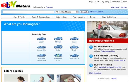 La página principal de eBay Motors.