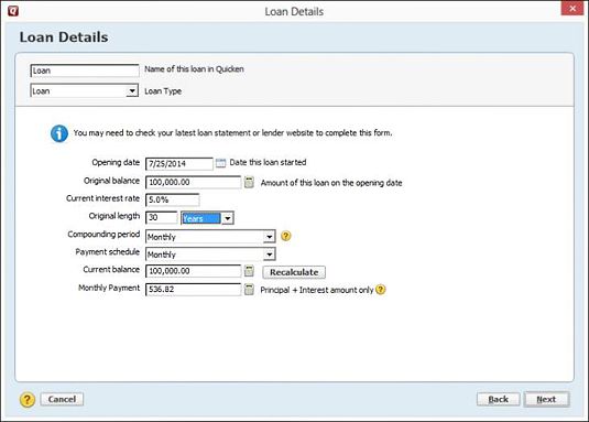 ���� - Configurar una cuenta de pasivo para un préstamo amortizado en Quicken 2014