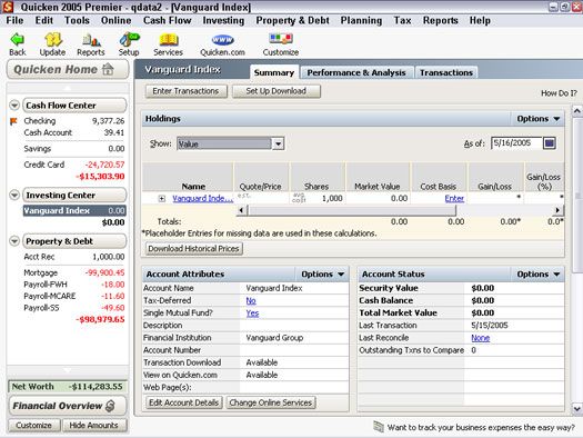 ���� - Configurar una cuenta de inversión de fondos mutuos con Quicken 2005