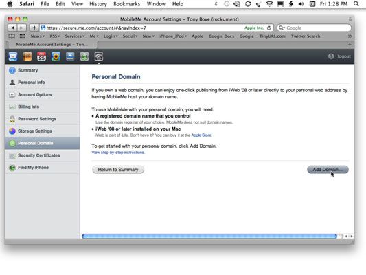 Añadir su dominio personal a MobileMe.