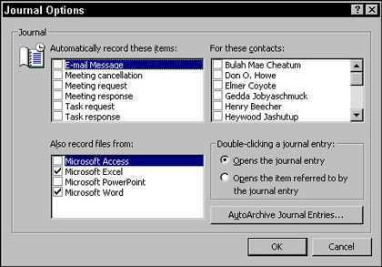���� - Configuración de las opciones de diario en Outlook 2002