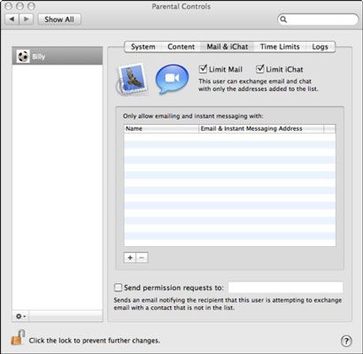 ���� - Configuración de los controles de los padres en el correo de mac con iChat, plazos, y paneles de registros