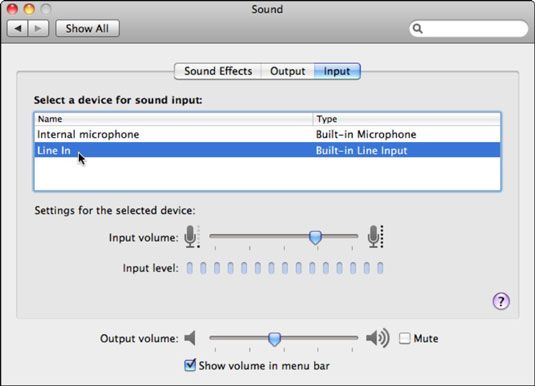 Configuración del Mac's line-in connection for recording.