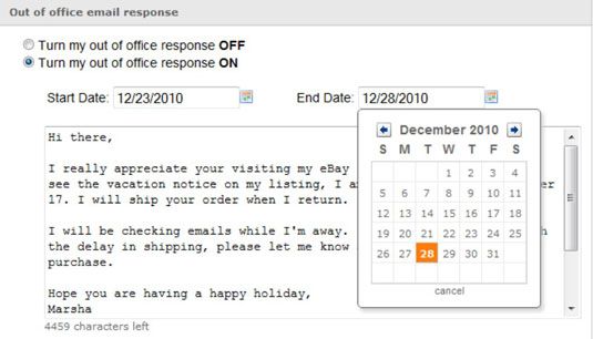 ���� - Configuración de una respuesta de correo electrónico fuera de la oficina por eBay