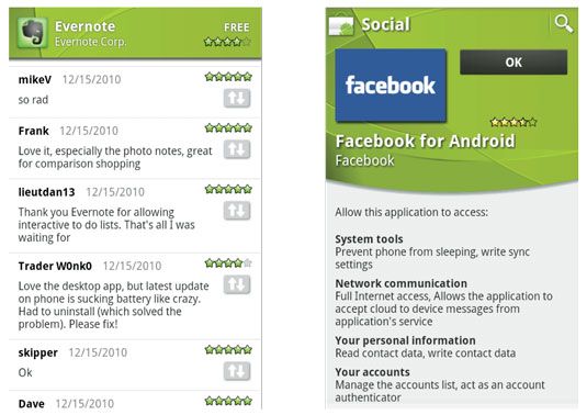 La página de los comentarios de los usuarios de la aplicación Evernote (izquierda) - las partes de su dispositivo que la aplicación de Facebook