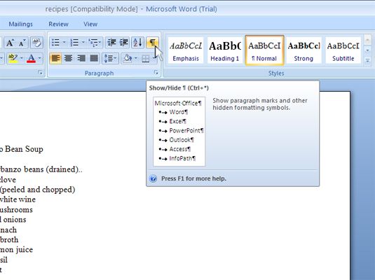 ���� - Mostrar u ocultar caracteres no imprimibles en Word 2007