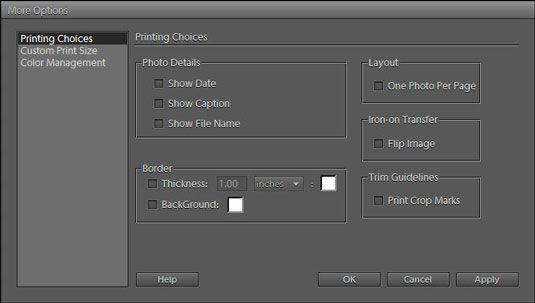 El cuadro de diálogo Opciones Más ofrece opciones adicionales para la impresión de fotos.