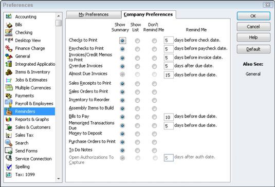 ���� - Dile a QuickBooks 2012 cómo deben trabajar los recordatorios